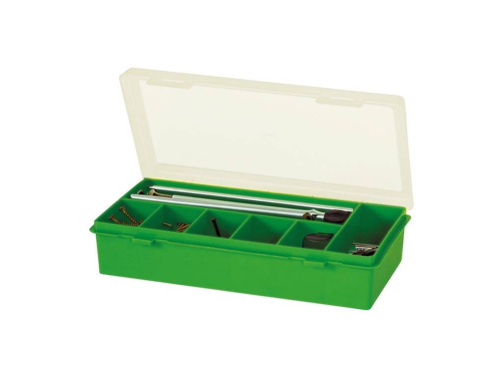 Tayg Sortimentskasten, 7 feste Fächer, transparenter Deckel, stapelbar, 240 x 140 x 54 mm, Grün
