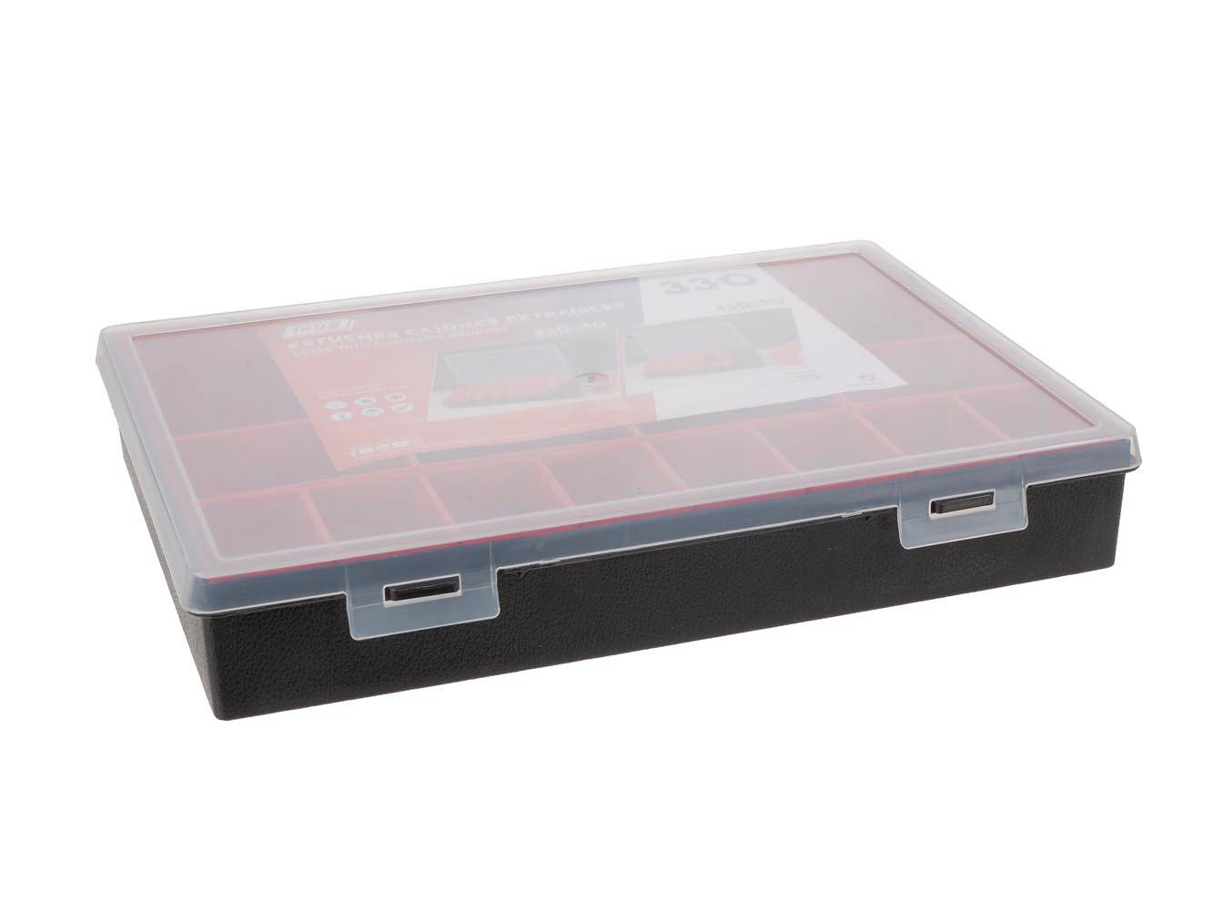 Tayg Sortimentskasten, 16 herausnehmbare Boxen, transparenter Deckel, stapelbar, 330 x 247 x 54 mm, Schwarz/Rot