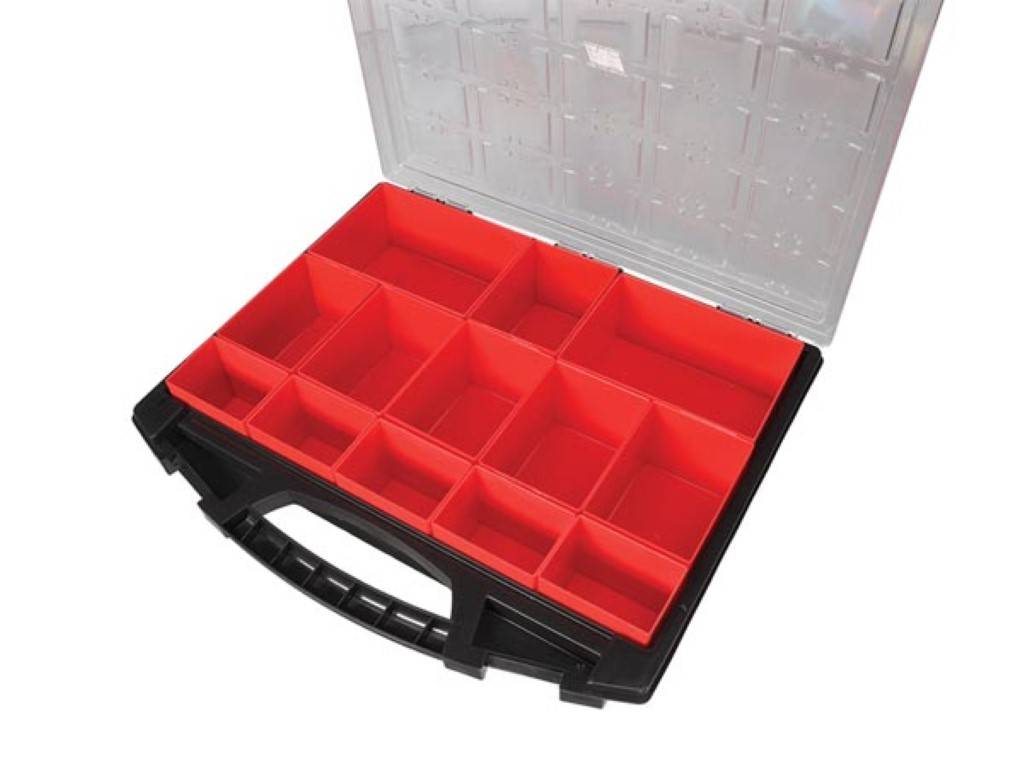 Tayg Sortimentskasten, 13 herausnehmbare Boxen, transparenter Deckel, stapelbar, 430 x 370 x 85 mm, Schwarz/Rot
