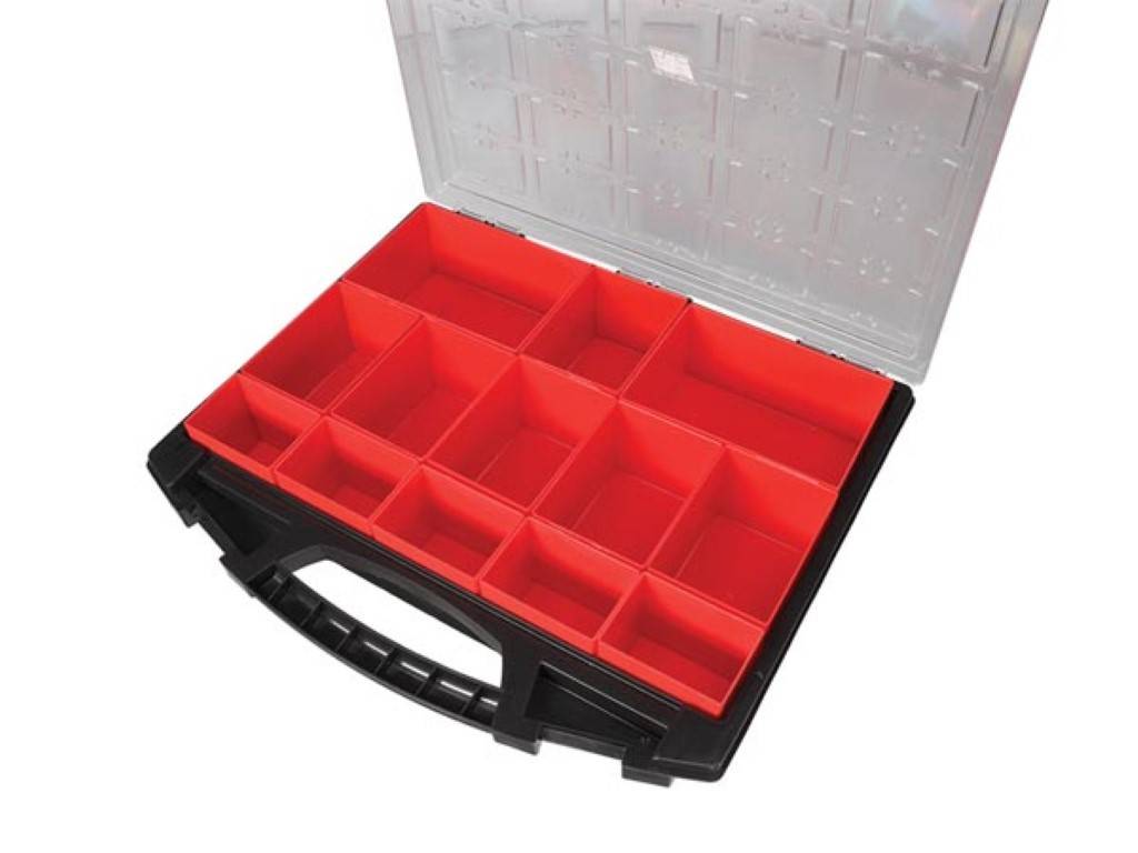 Tayg Sortimentskasten, 13 herausnehmbare Boxen, transparenter Deckel, stapelbar, 430 x 370 x 85 mm, Schwarz/Rot