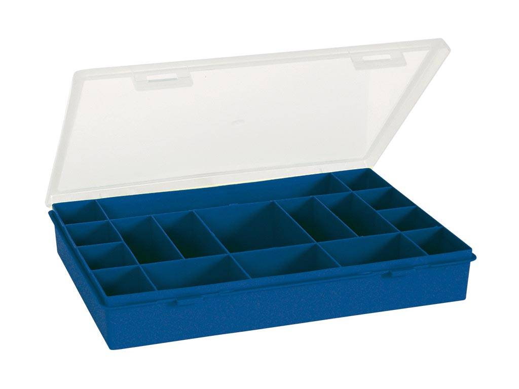 Tayg Sortimentskasten, 17 feste Fächer, transparenter Deckel, stapelbar, 330 x 274 x 54 mm, Blau