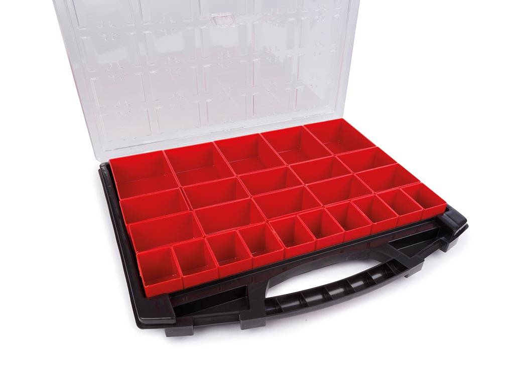 Tayg Sortimentskasten, 25 herausnehmbare Boxen, transparenter Deckel, stapelbar, 430 x 370 x 55 mm, Schwarz/Rot