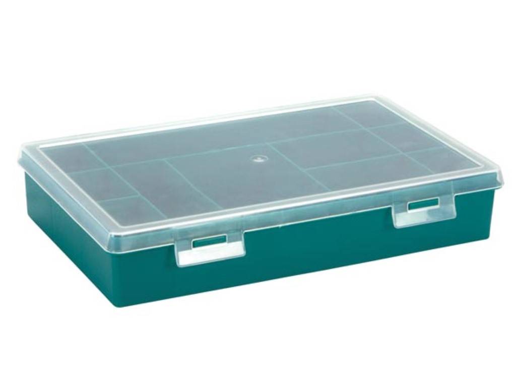 Tayg Sortimentskasten, 11 feste Fächer, transparenter Deckel, stapelbar, 290 x 195 x 54 mm, Grün