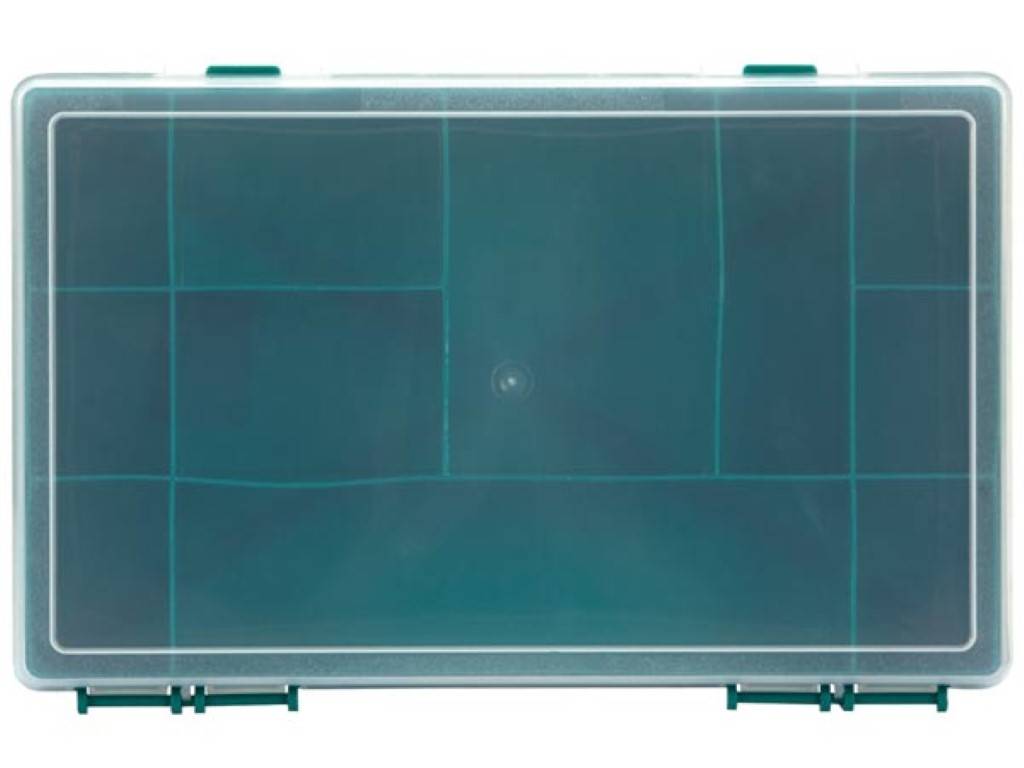 Rechteckiger Kunststoffbehälter mit neun internen Fächern und grünen Verschlüssen, verwendet zur Organisation kleiner Gegenstände.
