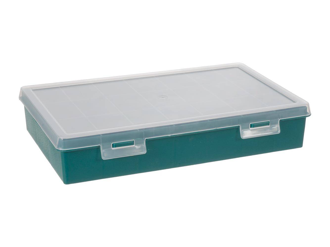 Eine rechteckige, geschlossene Kunststoff-Aufbewahrungsbox mit transparentem Deckel und grüner Basis, die zur Organisation und Lagerung von kleinen Gegenständen verwendet wird.