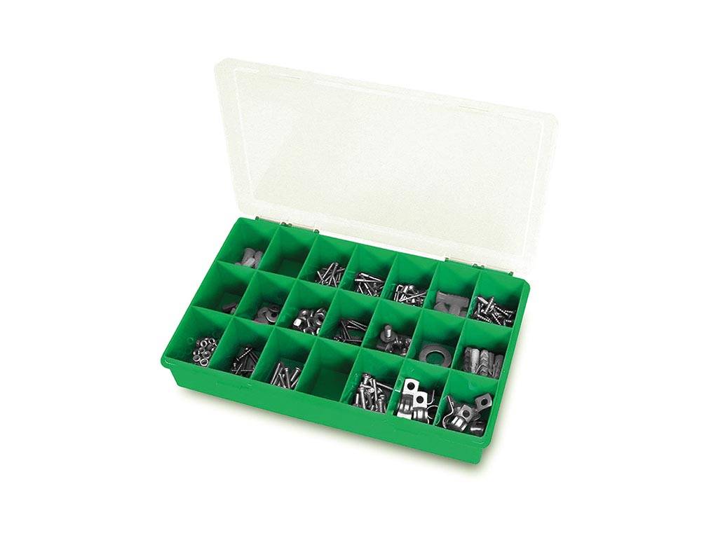 Tayg Sortimentskasten, 21 feste Fächer, transparenter Deckel, stapelbar, 290 x 195 x 54 mm, Grün