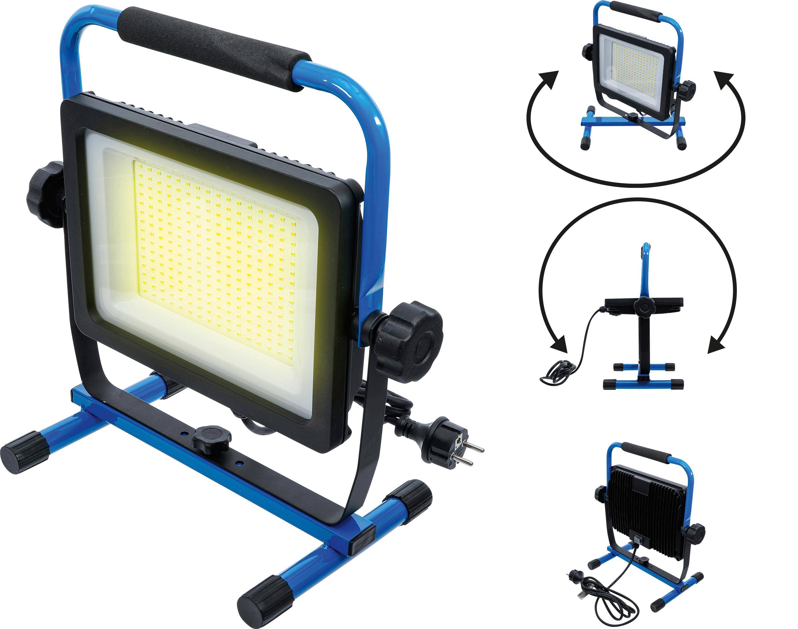 Tragbare blaue Arbeitsleuchte mit Griff, zeigt vorderes LED-Panel und Rückansicht. Umfasst seitliche Winkelung mit verstellbarem Neigungswinkel und Stromkabel.