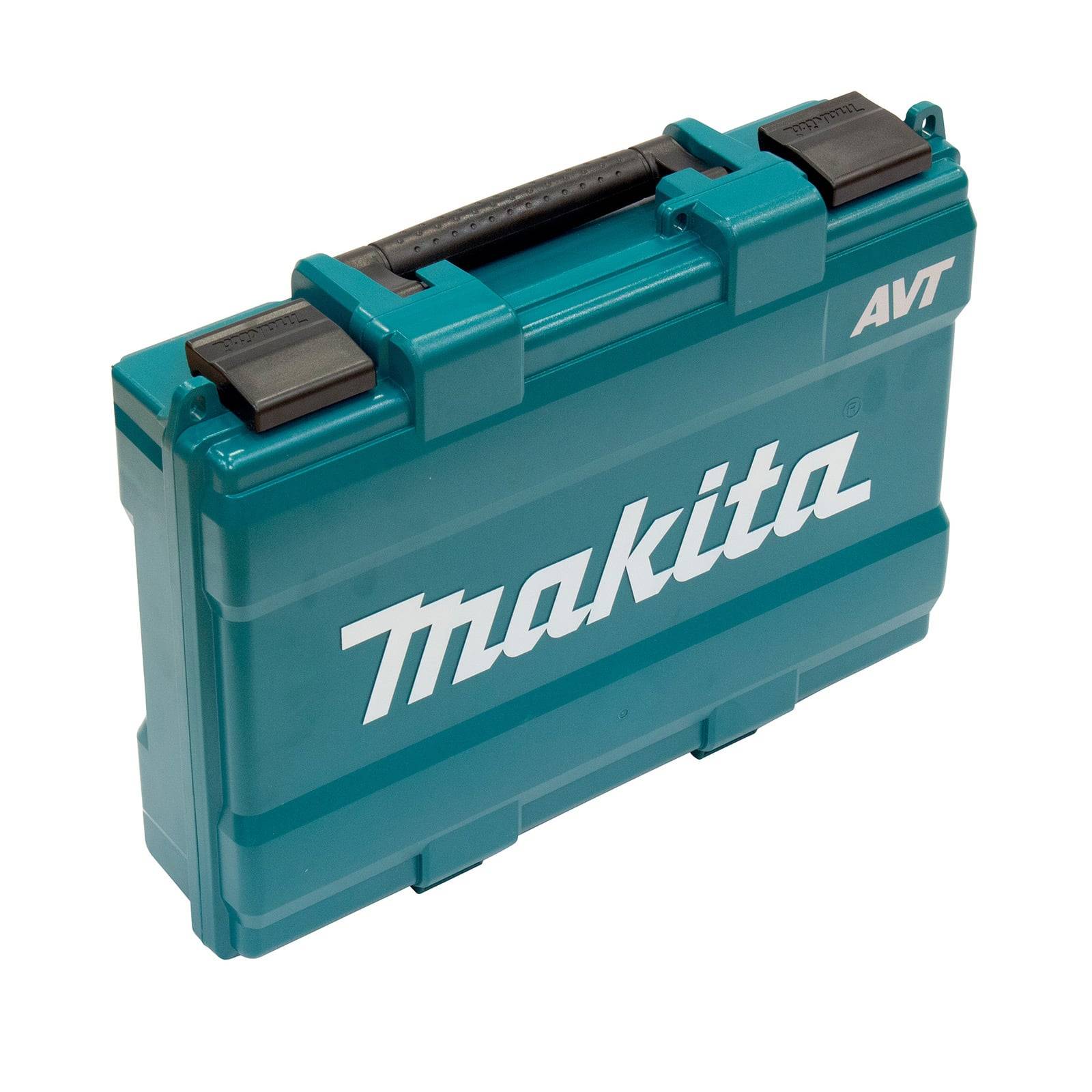 Ein türkisfarbener Makita AVT Werkzeugkoffer mit einem schwarzen Griff und Verschluss, auf dessen Seite prominent das weiße Makita-Logo zu sehen ist.