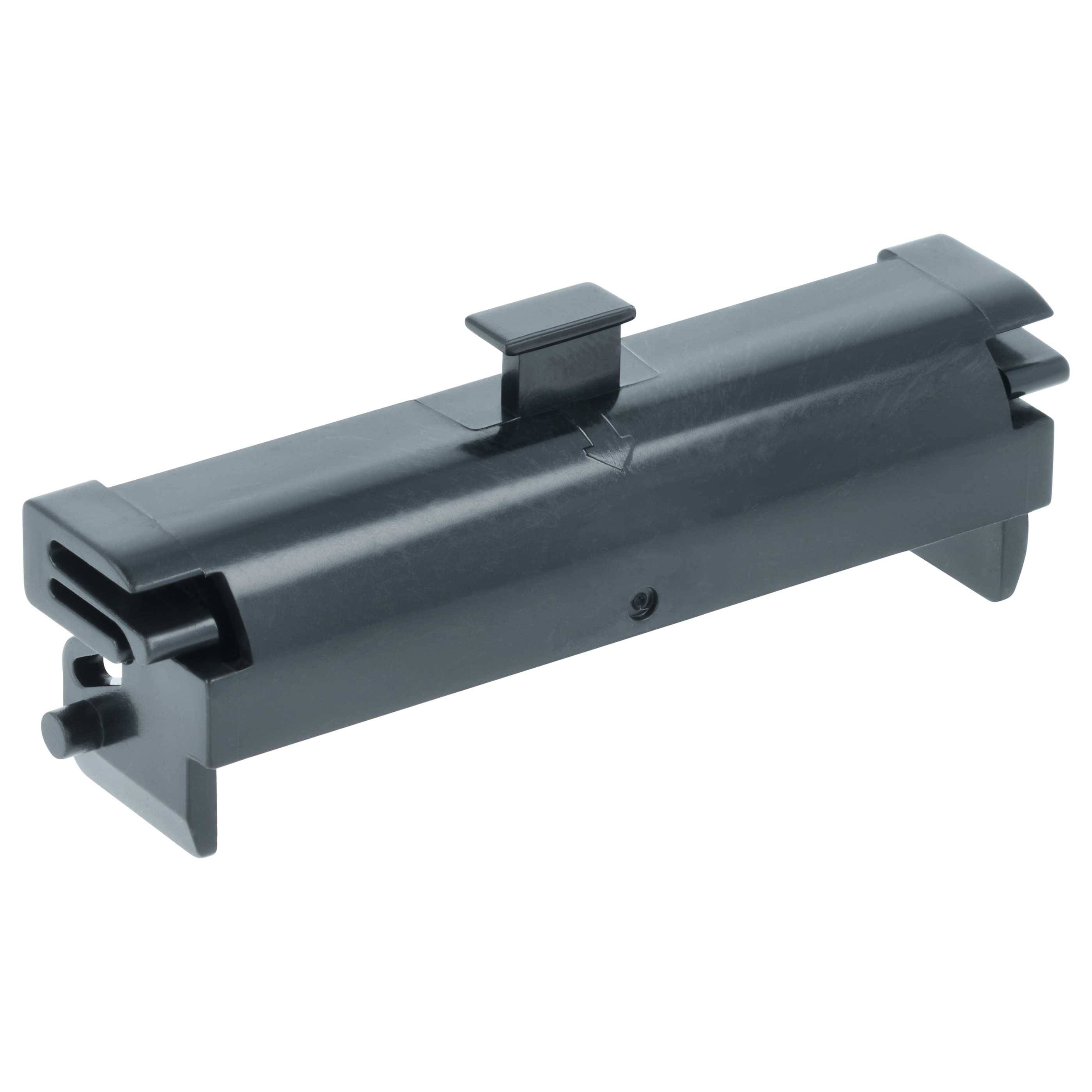 Eine schwarze Wandmontagehalterung mit verstellbarem Clip und Montagelöchern, entwickelt zum Halten oder Sichern von elektronischen Geräten oder Komponenten.