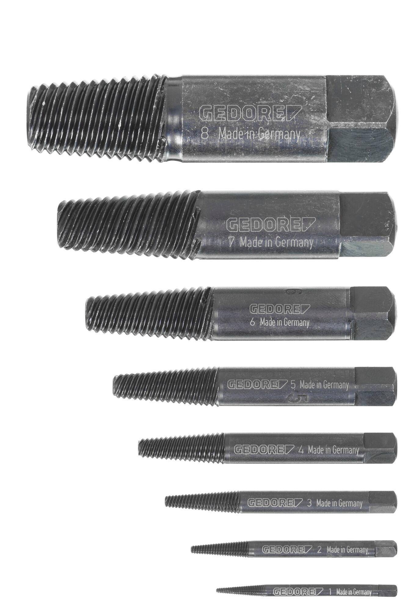 GEDORE' Satz aus sechs Metall-Schraubenausdrehern in verschiedenen Größen, gekennzeichnet mit 'Made in Germany'.