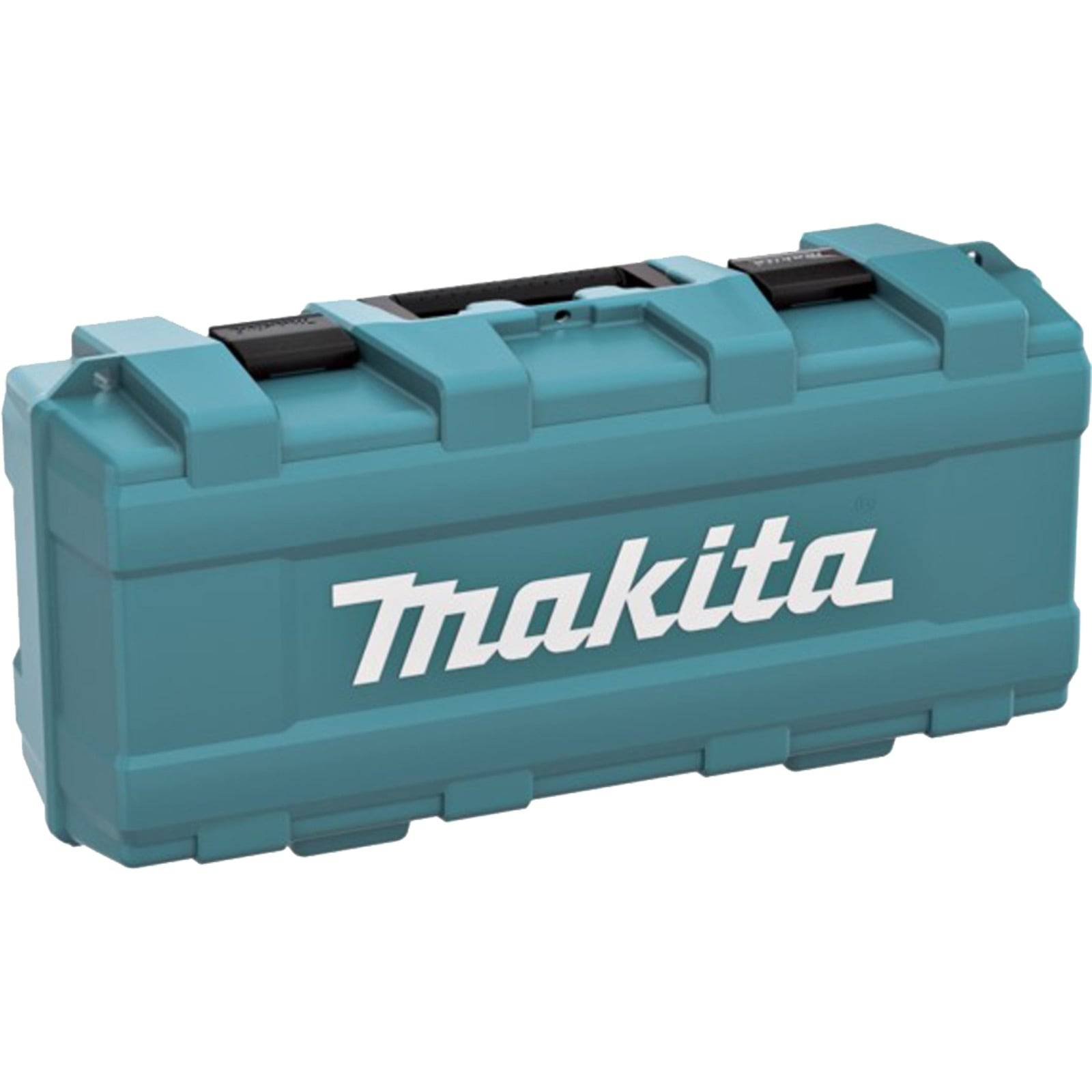 Ein blaugrüner Makita-Werkzeugkoffer mit rechteckigem Design und sicheren Verschlüssen. Das Makita-Logo ist prominent in Weiß auf der Seite aufgedruckt.