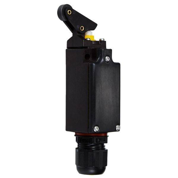 Ein schwarzer Hebelgrenzschalter mit Betätiger, verwendet in Industrieanwendungen zur Steuerung von Maschinenoperationen.