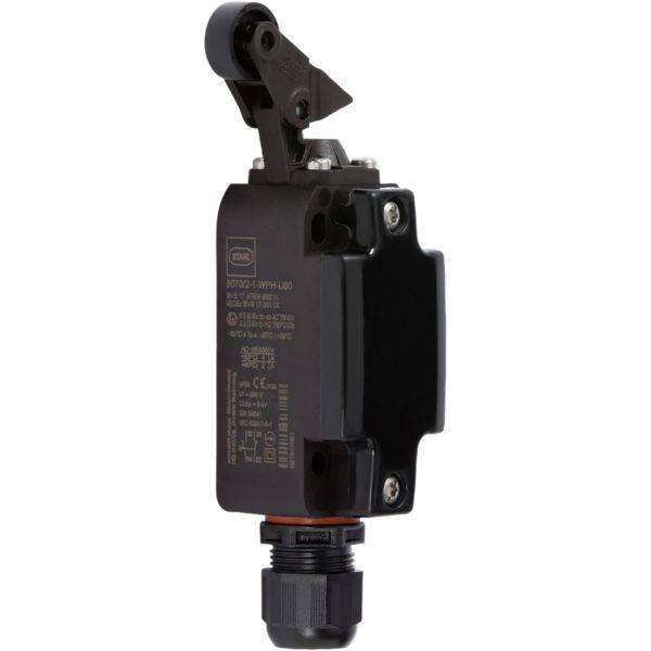 Ein schwarzer Industriegrenzschalter mit Rollenhebel, der technische Spezifikationen auf seiner Seite zeigt.