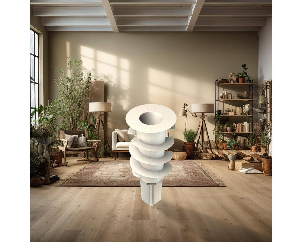 Ein modernes Interieur mit einer großen, weißen Spiralskulptur als Blickfang. Umgeben von Pflanzen, Bücherregalen und sanfter Beleuchtung.