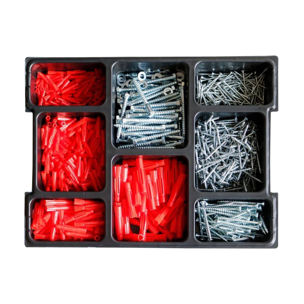 Organizer-Tablett mit verschiedenen Wanddübeln und Schrauben, sortiert in Fächern nach Farbe und Größe.