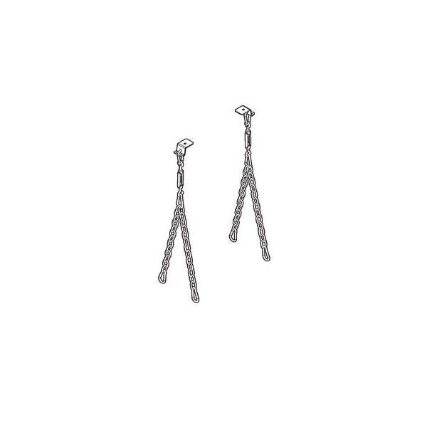 Zwei an Haken aufgehängte Ketten, jeweils mit einer Schließe oben. Die Ketten scheinen zu Aufhängungs- oder Abstützungszwecken verwendet zu werden.