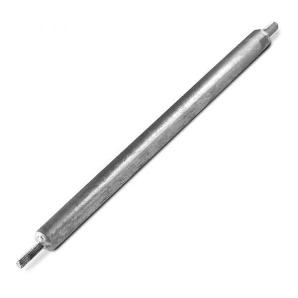 Langer silberner Metallstab oder Bolzen mit Gewinde an beiden Enden, diagonal auf weißem Hintergrund dargestellt.