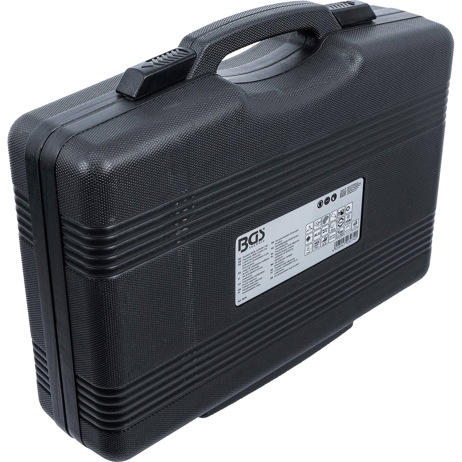 Eine schwarze, strukturierte Kunststoff-Werkzeugbox mit einem Griff, die eine Etikette mit verschiedenen mechanischen Symbolen und der Marke 'BGS' enthält.