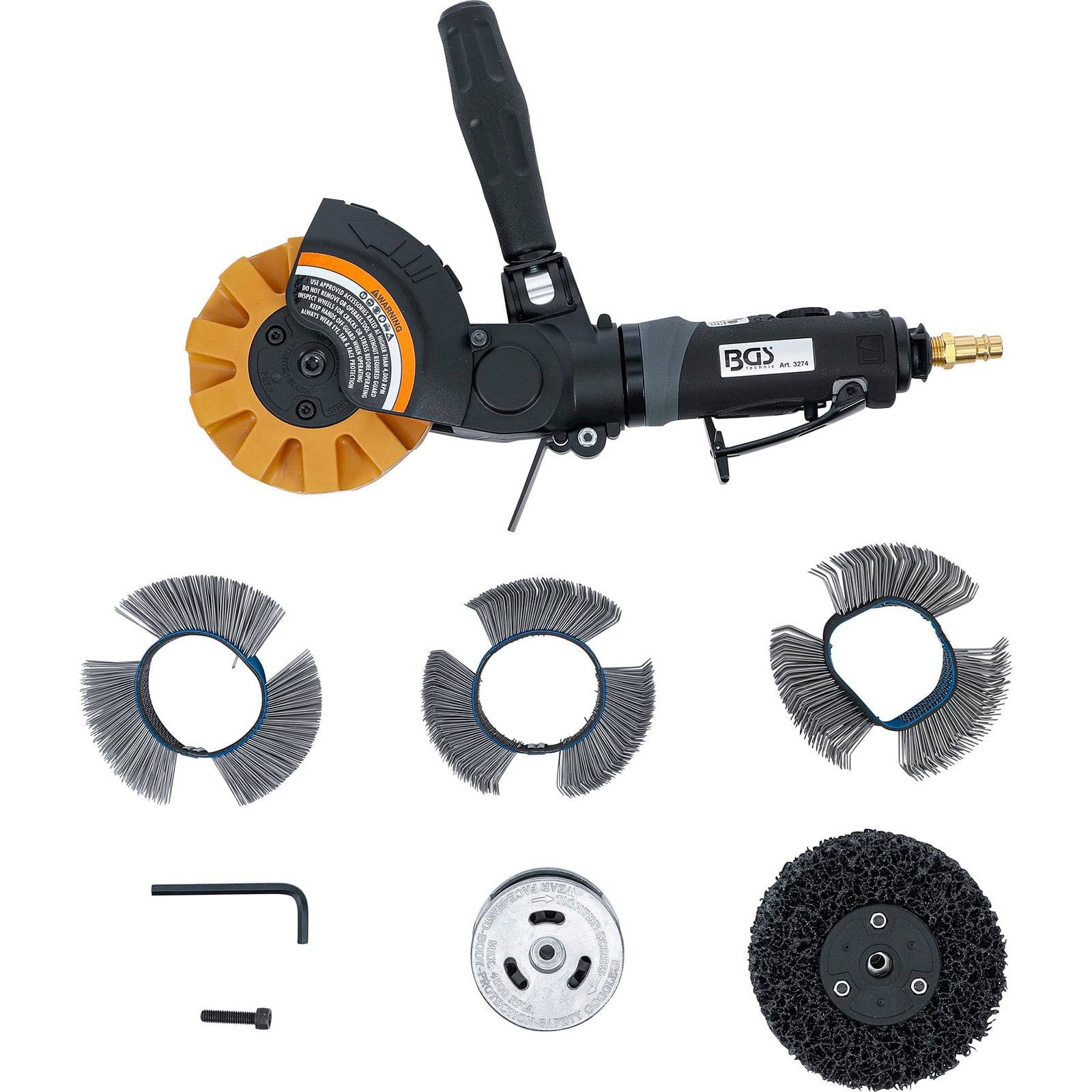 Pneumatisches Oberflächenstrahlwerkzeug-Set mit Rotationsaufsatz, drei Drahtbürsten, einem Schleifrad und Zubehör, auf weißem Hintergrund ausgelegt.