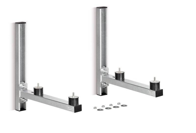 Metall-Wandhalterung für Luft-Wärmepumpen mit zwei Armen, entwickelt zur Unterstützung von Außen-HLK-Geräten, einschließlich Bolzen und Gummidämpfer.