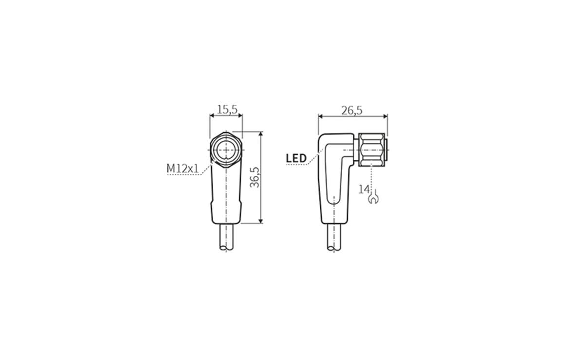 Technische Zeichnung eines LED-Steckers, dargestellt in Vorder- und Seitenansicht mit den Maßen 15,5, 26,5, 36,5, 14 und M12x1-Gewinde.