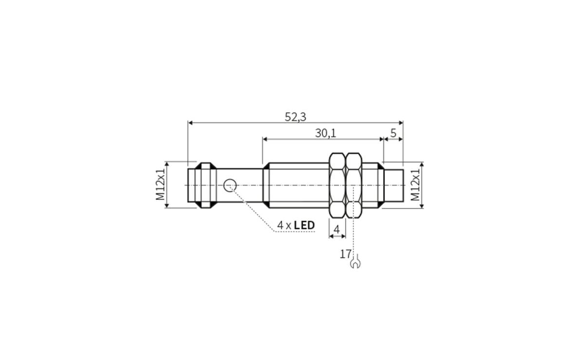 Technische Maßstabzeichnung eines zylindrischen M12x1-Steckers mit 4x LED, zeigt Gesamtlänge 52,3 mm und wichtige Segmentlängen 30,1, 5, 4 und 17 mm.