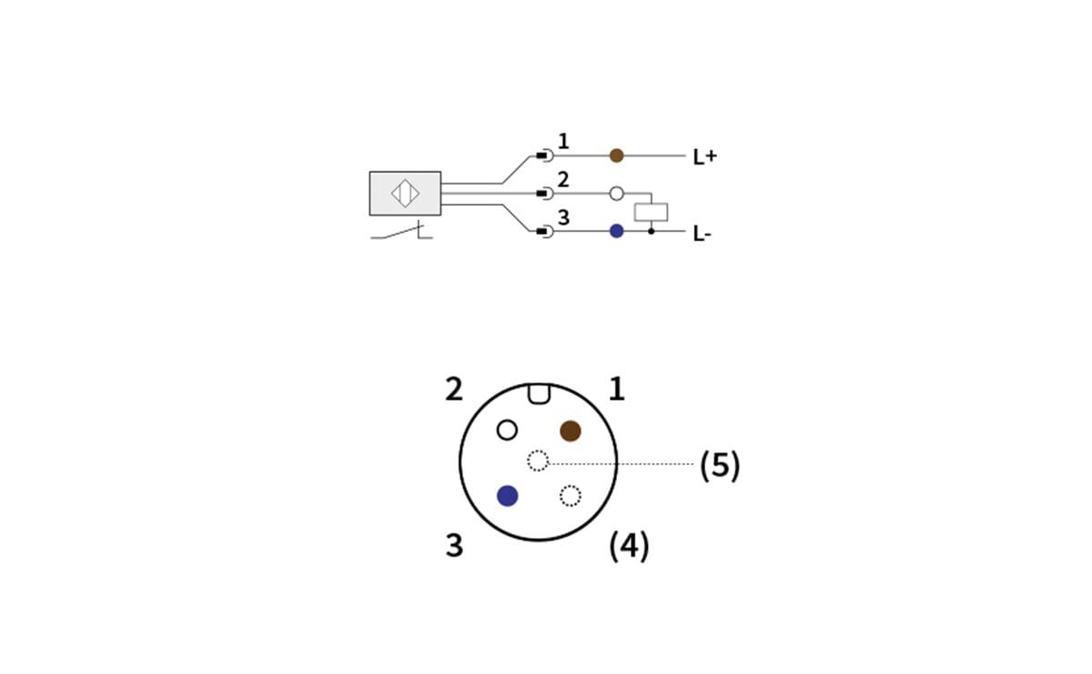 Schaltplan zeigt eine Drei-Pin-Verbindung mit Pins, die mit 1, 2, 3 beschriftet sind; verbunden mit L+, L-. Ein Pfeil zeigt die Flussrichtung an.
