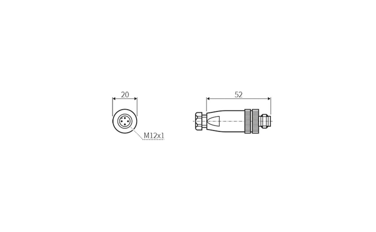 Technische Zeichnung eines zylindrischen Steckers in Vorder- und Seitenansicht, gekennzeichnet 20 und 52, mit Gewindemarkierung M12x1.