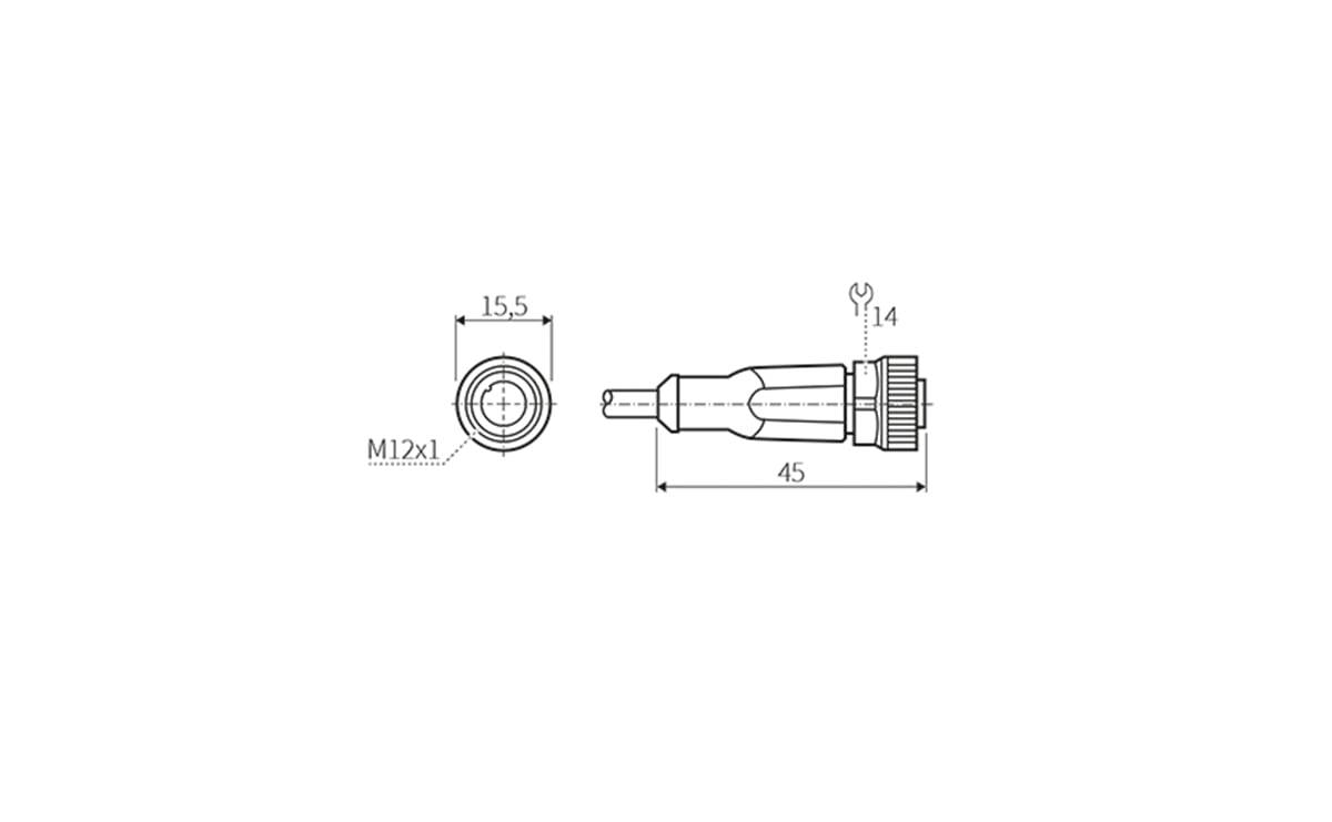 Technische Zeichnung einer zylindrischen Komponente mit Draufsicht und Seitenansicht. Maße: 15,5 mm Durchmesser, 45 mm Länge, M12x1 Gewinde.