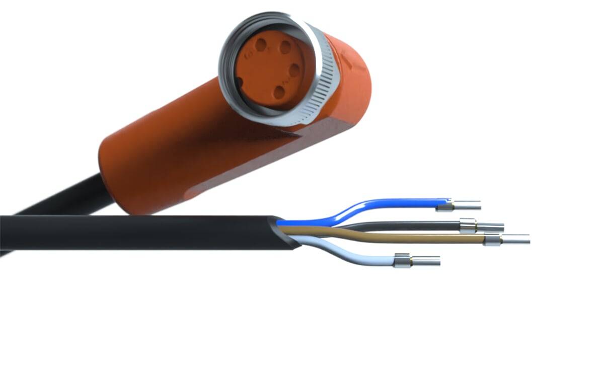 Querschnitt eines Lichtwellenleiters mit orangefarbener Außenschicht und internen optischen Fasern; separate isolierte Drähte werden dargestellt.