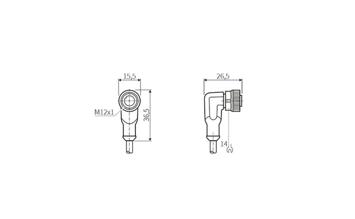 Technische Zeichnung eines gewinkten M12x1-Steckers, mit Vorder- und Seitenansicht und Hauptabmessungen 15,5, 26,5, 36,5 und 14 mm.