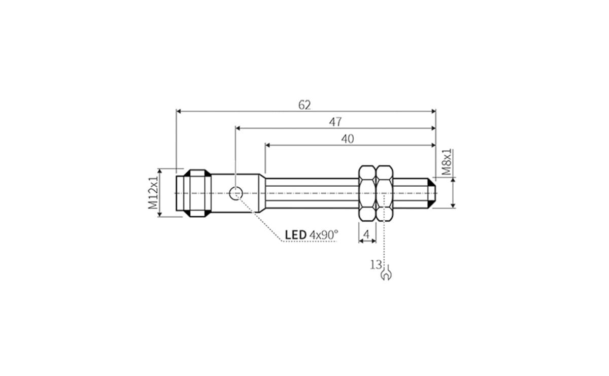Technische Zeichnung eines Bolzens mit beschrifteten Abmessungen: 62 mm Gesamtlänge, 40 mm und 47 mm Abschnitte; beschriftete Gewinde M12x1 und M8x1; LED 4x90°.