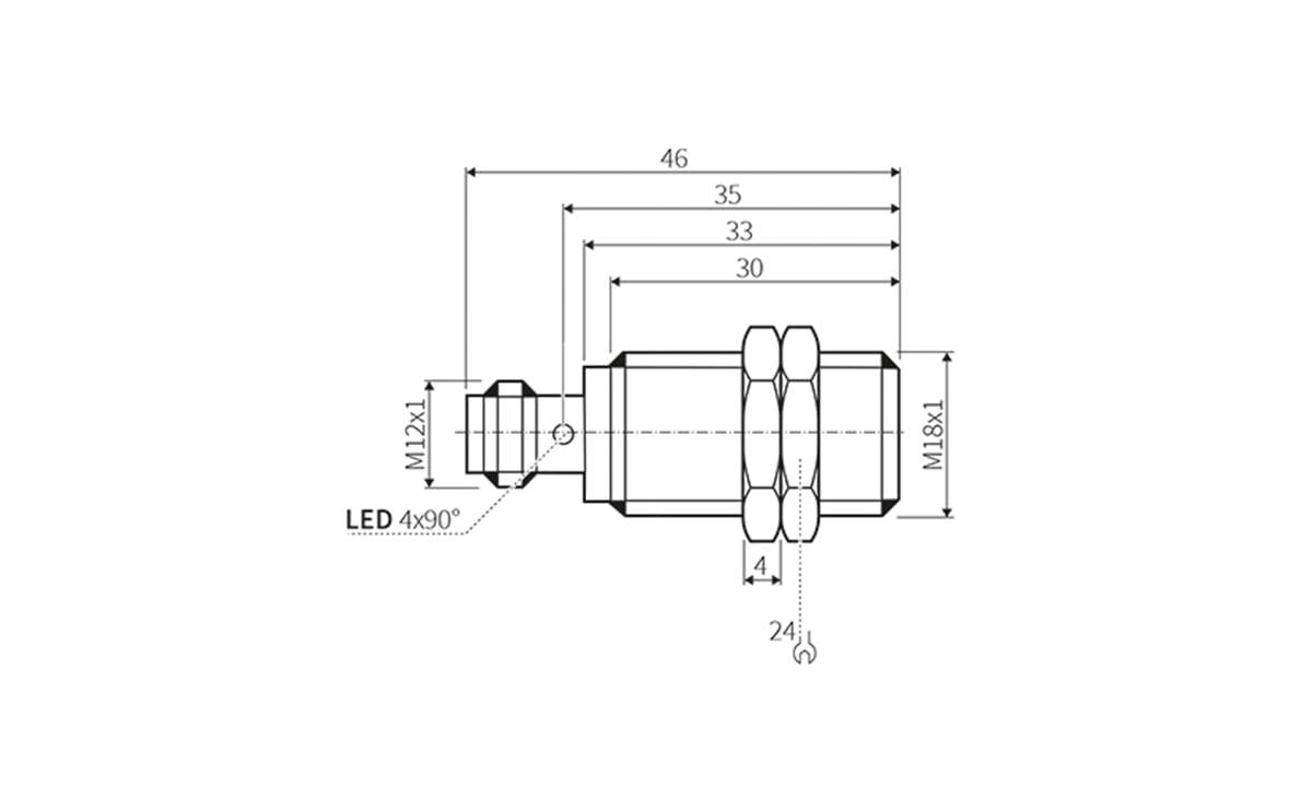 Technische Zeichnung eines zylindrischen Anschlusses, mit Abmessungen: Länge 46, verschiedene Segmente 35, 33, 30; Gewindeabmessungen M12x1, M18x1. LED-Anzeige positioniert bei 4x90°.