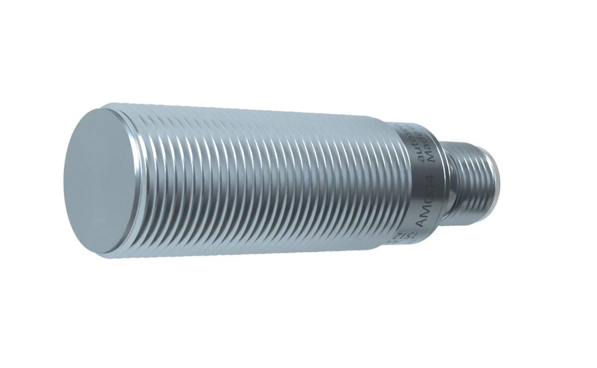 Ein metallischer zylindrischer Sensor mit gewindeter Oberfläche, wahrscheinlich für industrielle Anwendungen verwendet, der eine präzise Konstruktionsgestaltung aufweist.