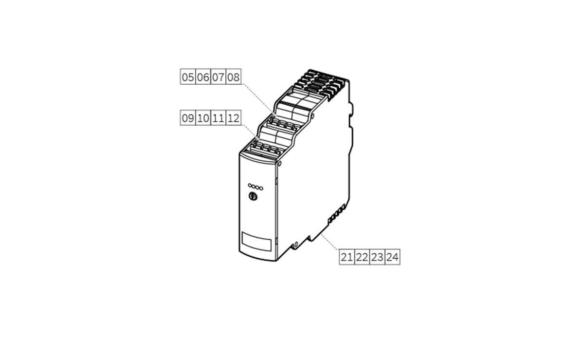 Technische Linienzeichnung einer modularen elektronischen Komponente mit Klemmleisten, beschrifteten Anschlußpunkten 05-08, 09-12 und 21-24.