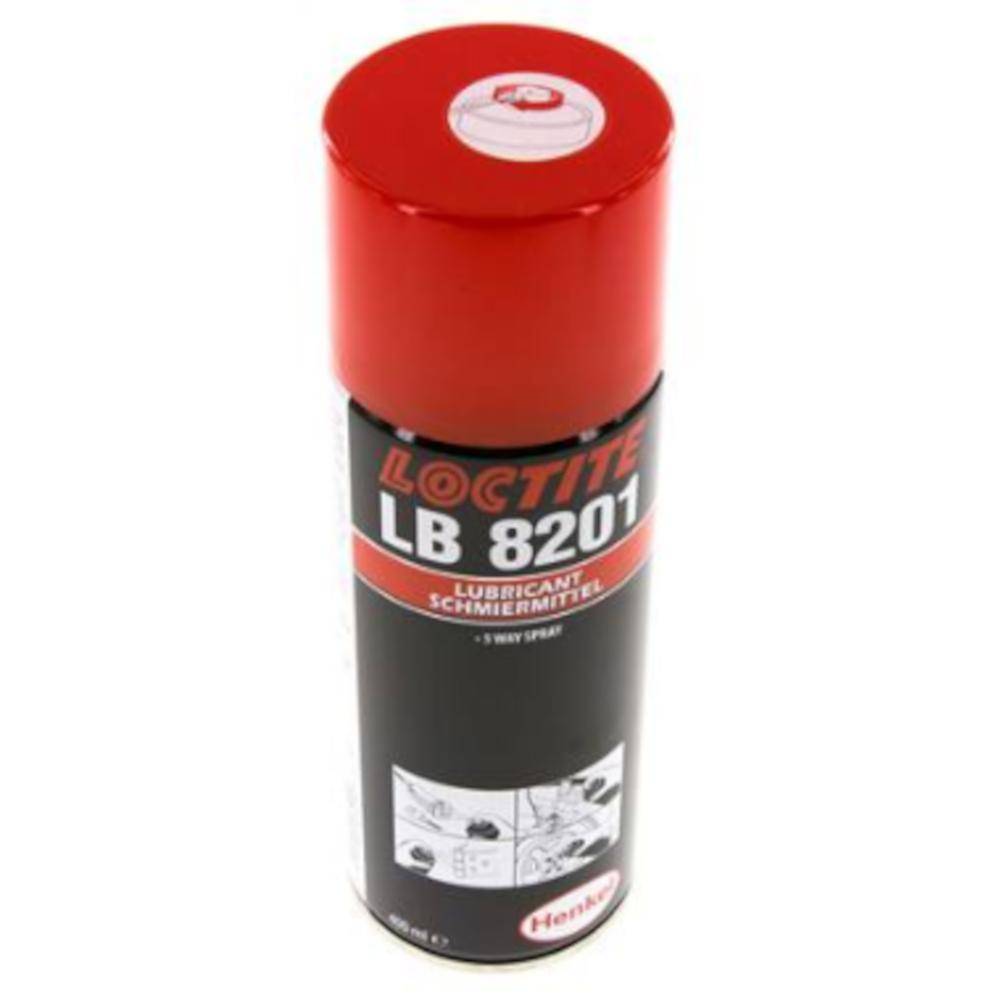 Rotes Loctite LB 8201 Schmierstoffspray in einer Dose mit schwarzem Etikett auf weißem Hintergrund.