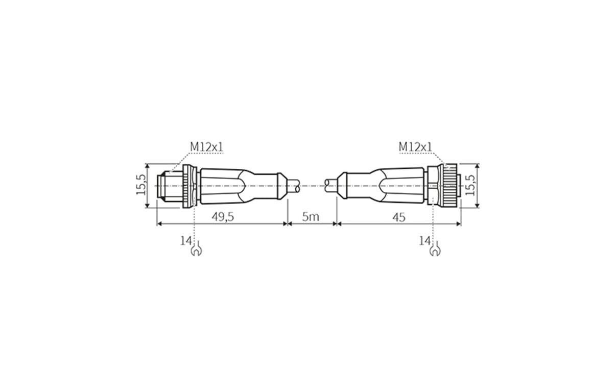 Technische Zeichnung eines Stecker-Stecker-Verbinders, auf beiden Seiten mit M12x1 gekennzeichnet, mit Abmessungen 49,5, 45, 15,5, 14 und 5 m Kabellänge dargestellt.