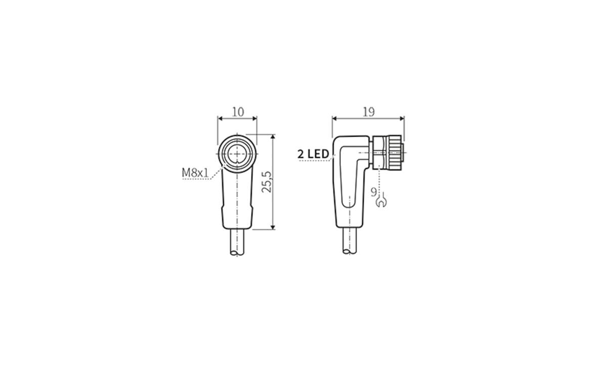 Technische Maßzeichnung eines kleinen LED-Anzeigeelements, dargestellt in Front- und Seitenansicht mit Abmessungen 10, 19, 25,5, M8x1 und Kennzeichnung '2 LED'.