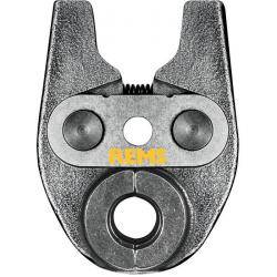 Ein Metallwerkzeugkopf mit einer breiten Öffnung, mit dem Etikett 'REMS', der zum Rohrbeugen oder Crimpen verwendet wird, zeigt ein robustes, industrielles Design.