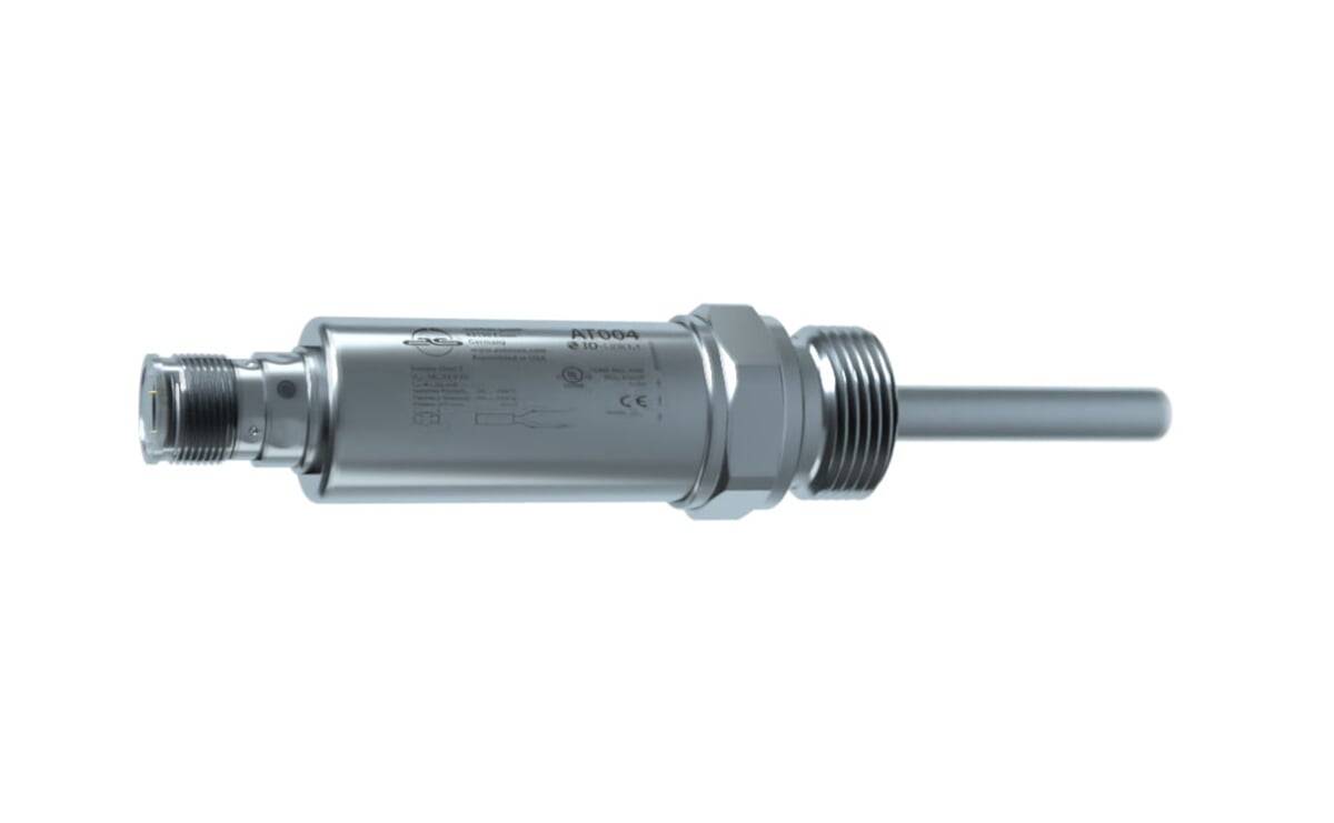 Ein metallischer zylindrischer Sensor mit einer sechseckigen Schraube und gewindeter Endkappe, verbunden mit einem Kabel. Es scheint sich um eine industrielle oder mechanische Komponente zu handeln.
