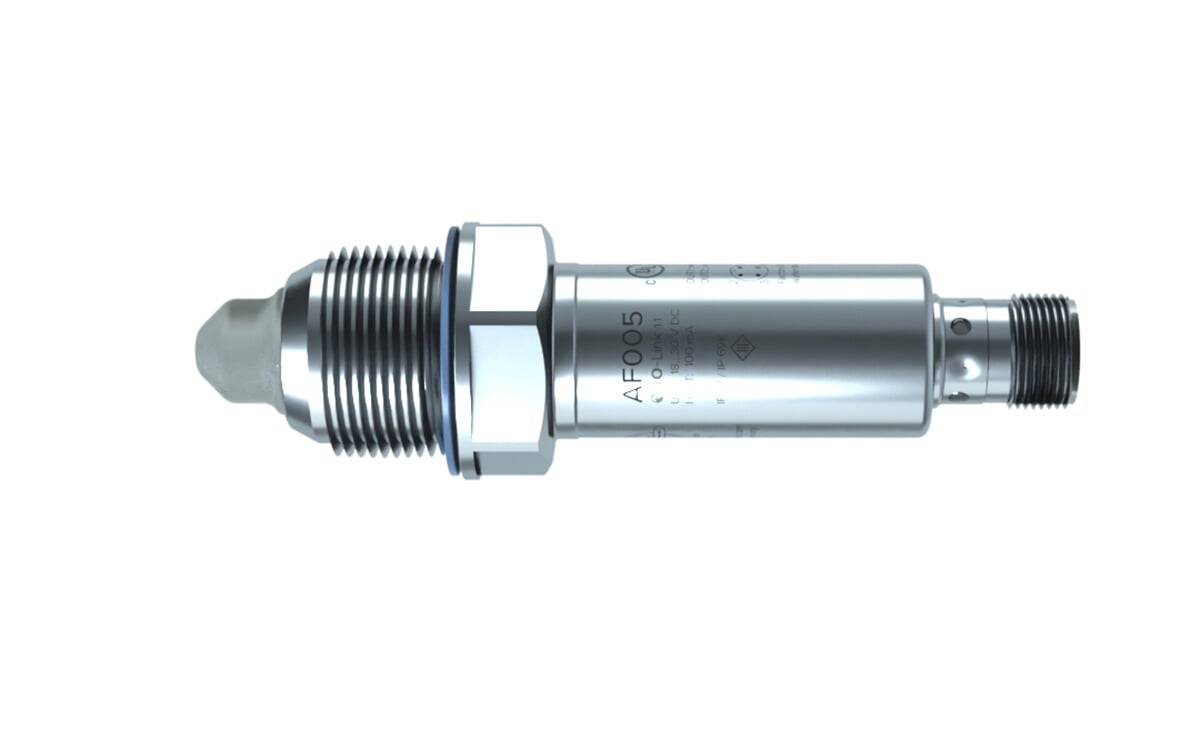 Ein metallischer zylindrischer Sensorapparat mit der Bezeichnung 'AF005'. Er verfügt über ein Gewinde am Ende und einen Anschluss und wird wahrscheinlich für industrielle Anwendungen verwendet.
