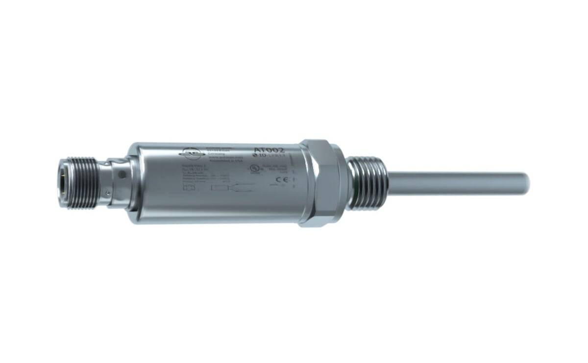 Ein metallischer Sensor mit ATEX-Kennzeichnung, zylindrischer Form, Gewindeverbindung an einem Ende und einem Kabel, das von der anderen Seite herausragt.