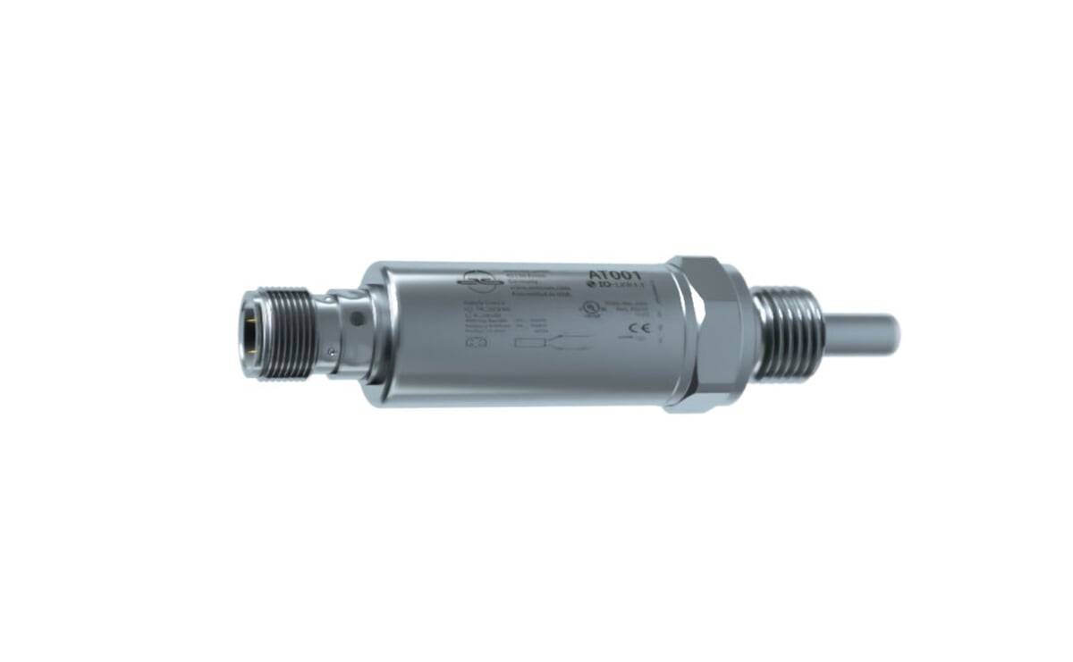 Ein zylindrisches Metallgerät, möglicherweise ein industrieller Sensor mit Gewindeanschlüssen an beiden Enden, vor einem einfarbigen Hintergrund.