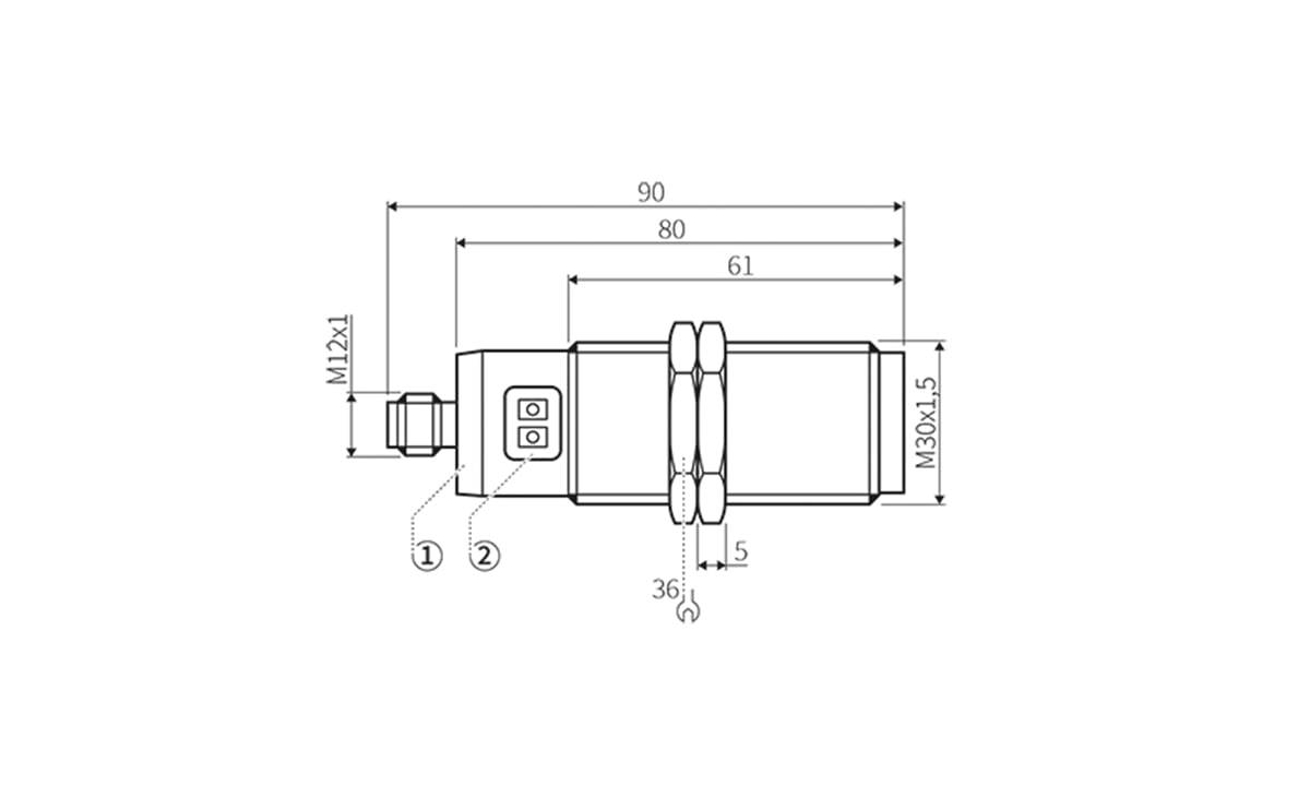 Technische Zeichnung eines zylindrischen Objekts mit detaillierten Abmessungen und Gewinden. Merkmale M12x1, M30x1.5 Beschriftungen und Längen von 90, 80, 61 und 36 Einheiten.