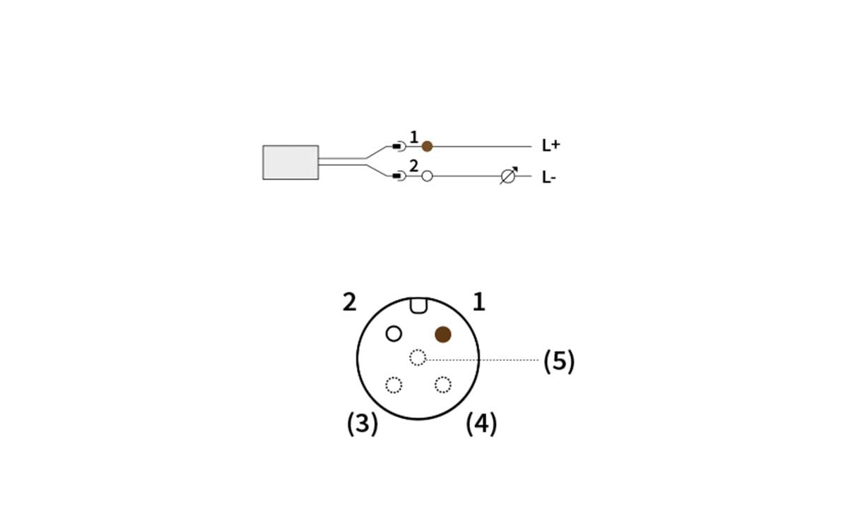 Schaltplan für einen 2-poligen Stecker: Stift 1 ist mit L+ verbunden, Stift 2 ist mit L- verbunden; Die Ansicht der Kreisbuchse kennzeichnet die Stifte 1, 2, 3, 4 und 5.