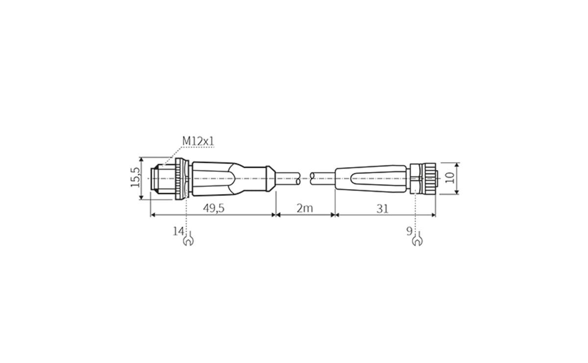 Technische Zeichnung einer Kabelgarnitur mit zwei Gewindelanschlüssen, beschriftet M12x1, mit den Abmessungen 155,5, 49,5, 2 m, 31, 14, 9 und 10.