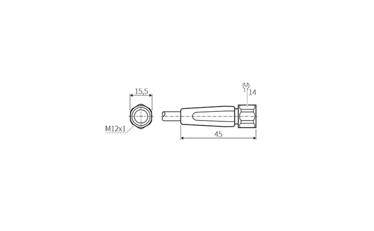 Technische Zeichnung eines gewindelierten zylindrischen Steckers oder Sensors mit Vorder- und Seitenansicht mit den Abmessungen 15,5, 45, M12x1 und 14.