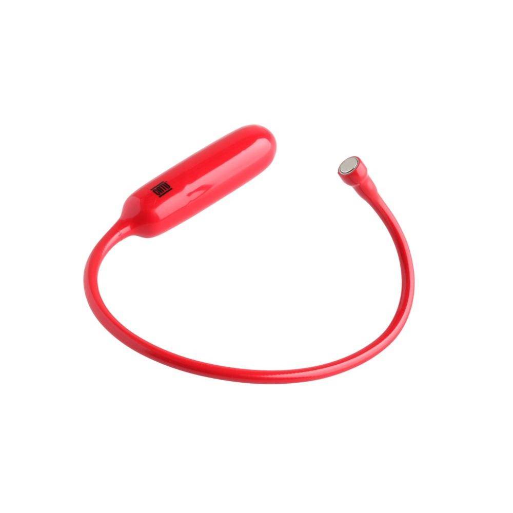 Rote flexible Halsleuchte mit ovalem Lampenkopf und kleinem rundem Licht am anderen Ende auf weißem Hintergrund.