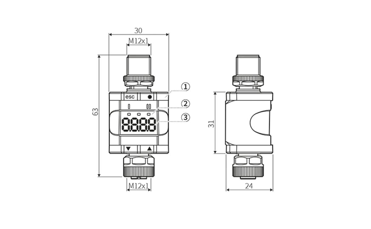 Technische Maßstabzeichnung eines zylindrischen elektronischen Geräts mit Vorder- und Seitenansicht sowie Abmessungen von 63 mm Höhe, 30 mm Breite und 24 mm Tiefe, zuzüglich M12x1 Gewindefittings und kleinem Display/Tasten.