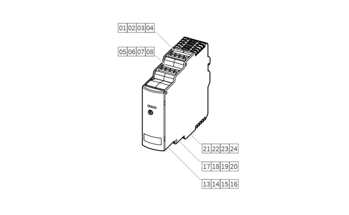 Schaltplan eines elektronischen Steuermoduls mit nummerierten Anschlussgruppen 01-04, 05-08, 13-16, 17-20 und 21-24, die um das Gerät herum gekennzeichnet sind.